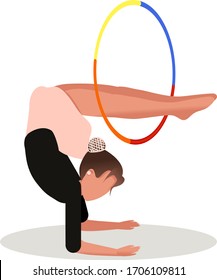 Gymnastics with a hoop. A popular sport in physical education. Graphic drawing. The girl does acrobatic exercises. Close-up.
