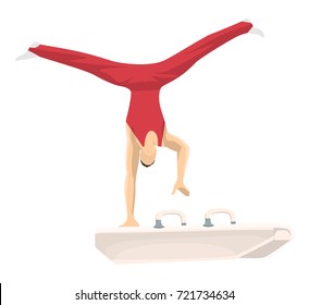 Gymnastics with horse. Athletes in uniform on white background.