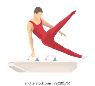 Gymnastics with horse. Athletes in uniform on white background.
