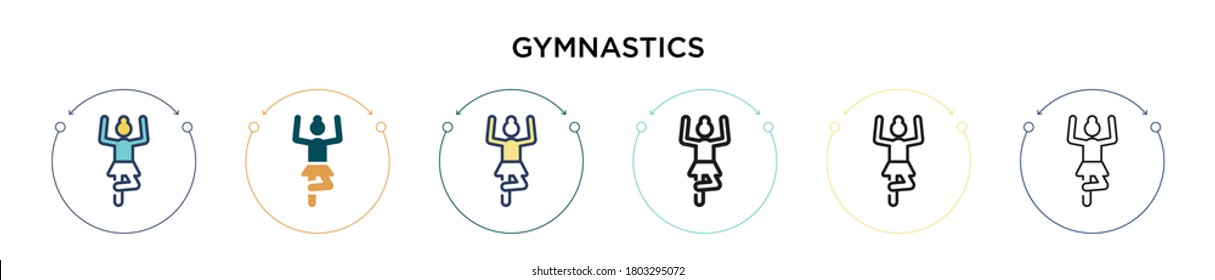 Gymnastics icon in filled, thin line, outline and stroke style. Vector illustration of two colored and black gymnastics vector icons designs can be used for mobile, ui, web