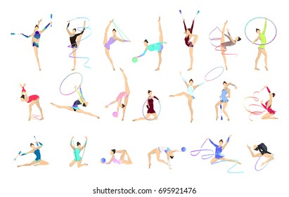 Gymnastics illustrations set. Women in outfit with gymnastic equipment as ball and tape.