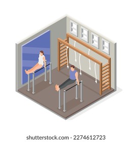 Gymnastics isometric composition with gym interior scenery and parallel bars with mirror and athletes performing exercises vector illustration