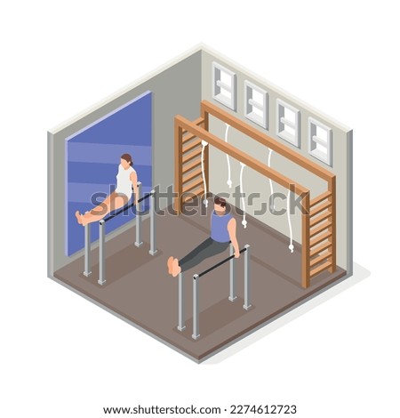Gymnastics isometric composition with gym interior scenery and parallel bars with mirror and athletes performing exercises vector illustration