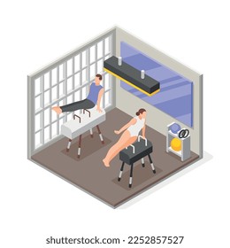 isometrische Gymnastik-Komposition mit Innenlandschaft des Fitnessraums mit Mann und Frau unter Verwendung eines Gymnastikgeräts Vektorgrafik