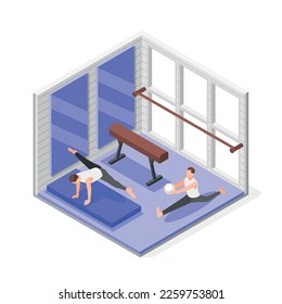 Gymnastics isometric composition with indoor view of gym room with two practicing athletes and gymnastic apparatus vector illustration