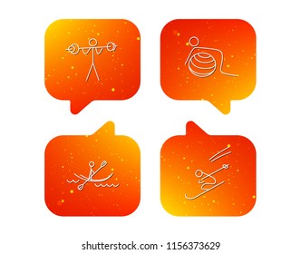 Gymnastics, kayaking and skiing icons. Weightlifting linear sign. Orange Speech bubbles with icons set. Soft color gradient chat symbols. Vector