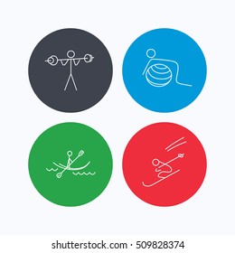 Gymnastics, kayaking and skiing icons. Weightlifting linear sign. Linear icons on colored buttons. Flat web symbols. Vector