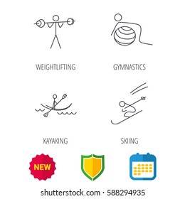 Gymnastics, kayaking and skiing icons. Weightlifting linear sign. Shield protection, calendar and new tag web icons. Vector