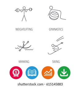 Gymnastics, kayaking and skiing icons. Weightlifting linear sign. Award medal, growth chart and opened book web icons. Download arrow. Vector