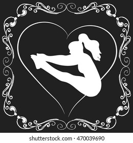 Gymnastics logo. Jumping woman silhouette on chalkboard.