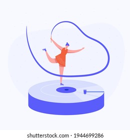 Gymnastics on. Music, rhythmic gymnastics (rhythmic sportive gymnastic) The movement of the music. vector illustration flat design