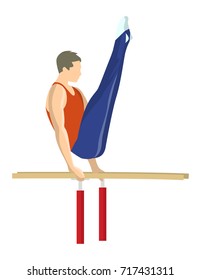 Gymnastics on parallel bars. Athlete in uniform on white background.