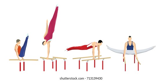 Gymnastics On Parallel Bars. Athletes In Uniform On White Background.