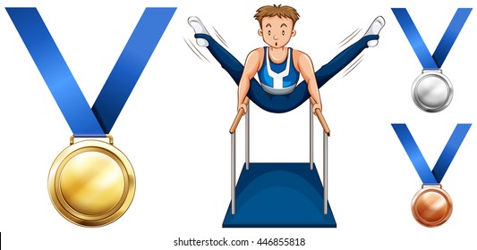 Gymnastics on parellel bars and medals illustration