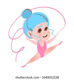 Gymnastics with pink ribbon colorful vector Illustration. Cute cartoon acrobatics girl.