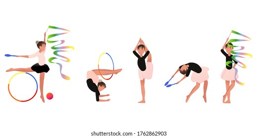 Gymnastics, A Popular Sport In Physical Education. Graphic Drawing. The Girl Does Acrobatic Exercises. Close-up. Mace, Hoop, Ribbon, Ball For Rhythmic Gymnastics