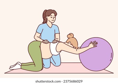 Gymnastics for pregnant women and physical exercise under supervision of physiotherapist to help prepare for childbirth. Pregnant girl doing pilates with big rubber ball to keep health in good shape