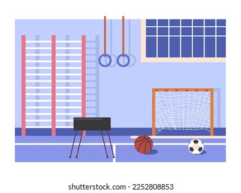Gymnastics room in school, interior design with equipment for working out and training muscles. Ladder and football, basketball ball. Physical education in university or college. Vector in flat style