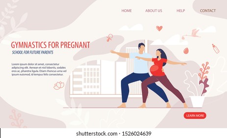 Gymnastics School for Pregnant Trendy Flat Vector Advertising Banner, Promo Poster Template. Waiting Childbirth Woman Doing Exercises Together with Husband, Stretching, Squat in Gym Illustration