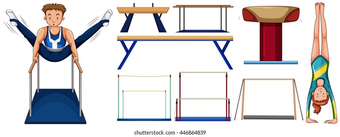 Gymnastics set with athletes and equipments illustration