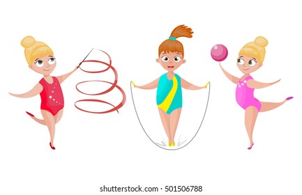 Gymnastics set. Girl doing exercise with ribbon and with ball, jumping on a skipping rope.