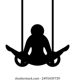 Gimnasia. Silueta. Un atleta realiza un ejercicio en los anillos de gimnasia. Ilustración vectorial. Un atleta aprieta las piernas mientras se cuelga de un aparato deportivo. Fondo blanco aislado.