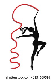 Gymnastics - silhouette of a girl dancing with a red ribbon - isolated on white background - flat style - vector