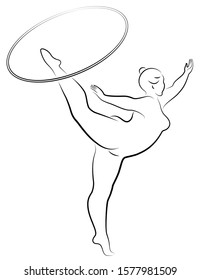 Gymnastics Silhouette of a girl with a hoop. The woman is overweight, a large body. The girl is a full figure. Vector illustration.