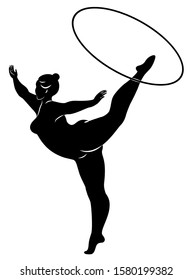 Gymnastics Silhouette of a girl with a hoop. The woman is overweight, a large body. The girl is a full figure. Vector illustration.