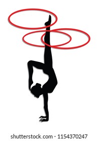 Gymnastics - silhouette of a woman in a rack on her hands twists three hoops on her leg - isolated on white background - flat style - vector