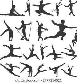 Gymnastics Silhouettes Elements Collection, rhythmic gymnasts and yoga athletes performing graceful floor exercises, gymnastic dancer Vector Clip art design element