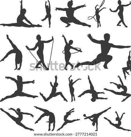 Gymnastics Silhouettes Elements Collection, rhythmic gymnasts and yoga athletes performing graceful floor exercises, gymnastic dancer Vector Clip art design element