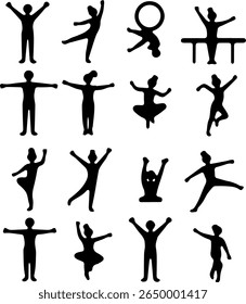 Conjunto de Silhuetas de Ginástica 14 Ícones Vetoriais de Esporte Artístico