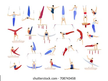 Gymnastics silhouettes set on white background. Athlets in uniform.