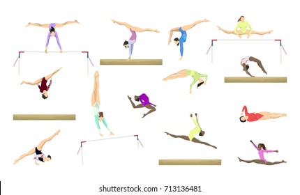 Gymnastics silhouettes set on white background. Female athlets in uniform.