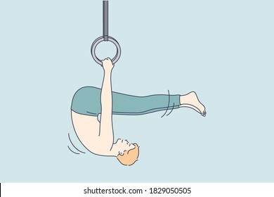 Gymnastics, sport, athletics, competition concept. Young sportive man athlete gymnast cartoon character making perfomance balance exercise on steel rings. Active lifestyle and gymnastic championship.