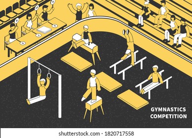 Gymnastics sport competitions isometric composition with human characters of referees audience and athletes with gym apparatus vector illustration