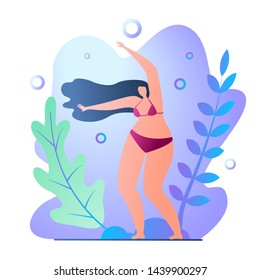 Gymnastics Summer on Beach Vector Illustration. Girl in Bathing Suit Swinging to Beat Music. Woman Dancing on Beach against Blue Sky. Idea for Relaxing at Sea or Ocean Cartoon Flat.