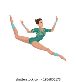 Gymnastics, woman athlete dancing, choreography, jump and split performance. Vector drawing of the character on a white background, cartoon illustration