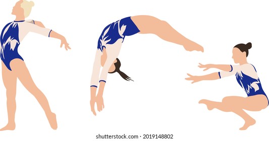 gymnastics womens colored silhouettes. good quality vector graphics. jumping, choreography. blue