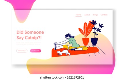 Gymnastics Workout Website Landing Page. Young Woman with Cat Stretching Exercises for Healthy Body. Fitness and Sports Activity at Home Web Page Banner. Cartoon Flat Vector Illustration, Line Art