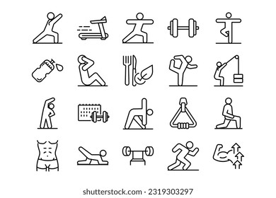 Gymnastics and Yoga lines icon set. Gymnastics and Yoga genres and attributes. Linear design. Lines with editable stroke. Isolated vector icons.