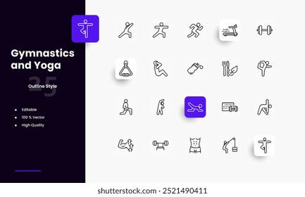 Conjunto de iconos de líneas de gimnasia y yoga. Géneros y atributos de gimnasia y yoga. Diseño lineal. Líneas con trazo editable. Iconos aislados del vector.