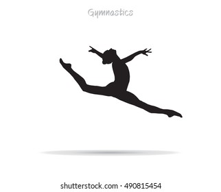 Gymnastics Young gymnast woman. Silhouette gymnast girl jumping, isolated on white. Hand Drawn. Gym. Flat design. Rhythmic gymnastics, trampolining, acrobatic, aerobic gymnastics International Rio2018