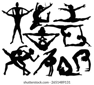Ginástica jovem ginasta mulher esporte. Ballerina ginástica rítmica, trampolining. Técnicas e movimentos acrobáticos ilustração de silhueta ginasta. Gymnast silhueta vetor arte, ícones, gráficos.