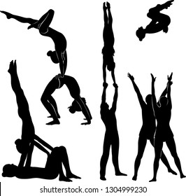 Gymnasts Acrobats Vector Black Silhouette