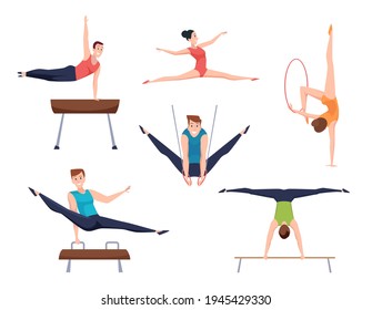 Gymnasts. Athletes characters acrobatic moves fitness training gymnastic elements for woman and man exact vector sport people