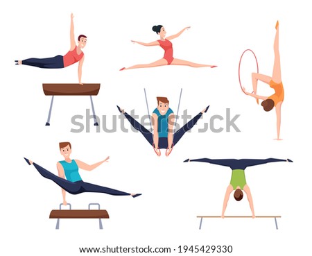 Gymnasts. Athletes characters acrobatic moves fitness training gymnastic elements for woman and man exact vector sport people