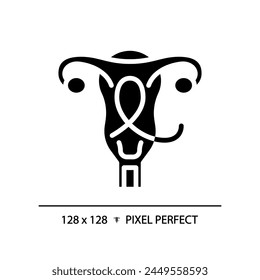 Gynecologic cancer black glyph icon. Female reproductive system disease. Woman oncology, illness. Menstrual health. Silhouette symbol on white space. Solid pictogram. Vector isolated illustration