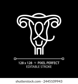 Gynecologic cancer white linear icon for dark theme. Female reproductive system disease. Woman oncology. Menstrual health. Thin line illustration. Isolated symbol for night mode. Editable stroke